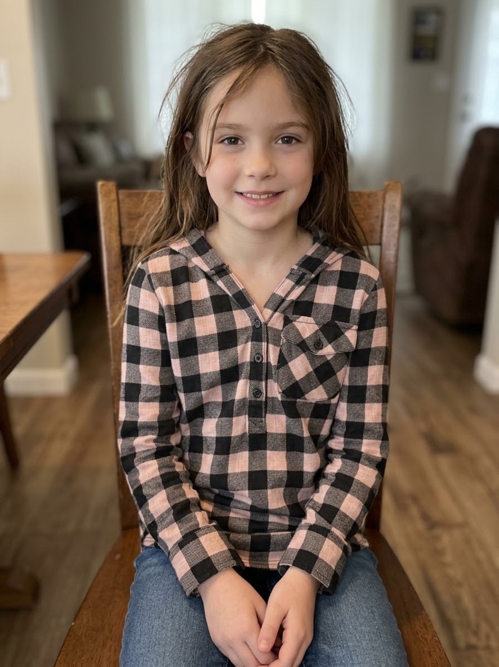 Girls Pink and Black Plaid Hooded Henley Top